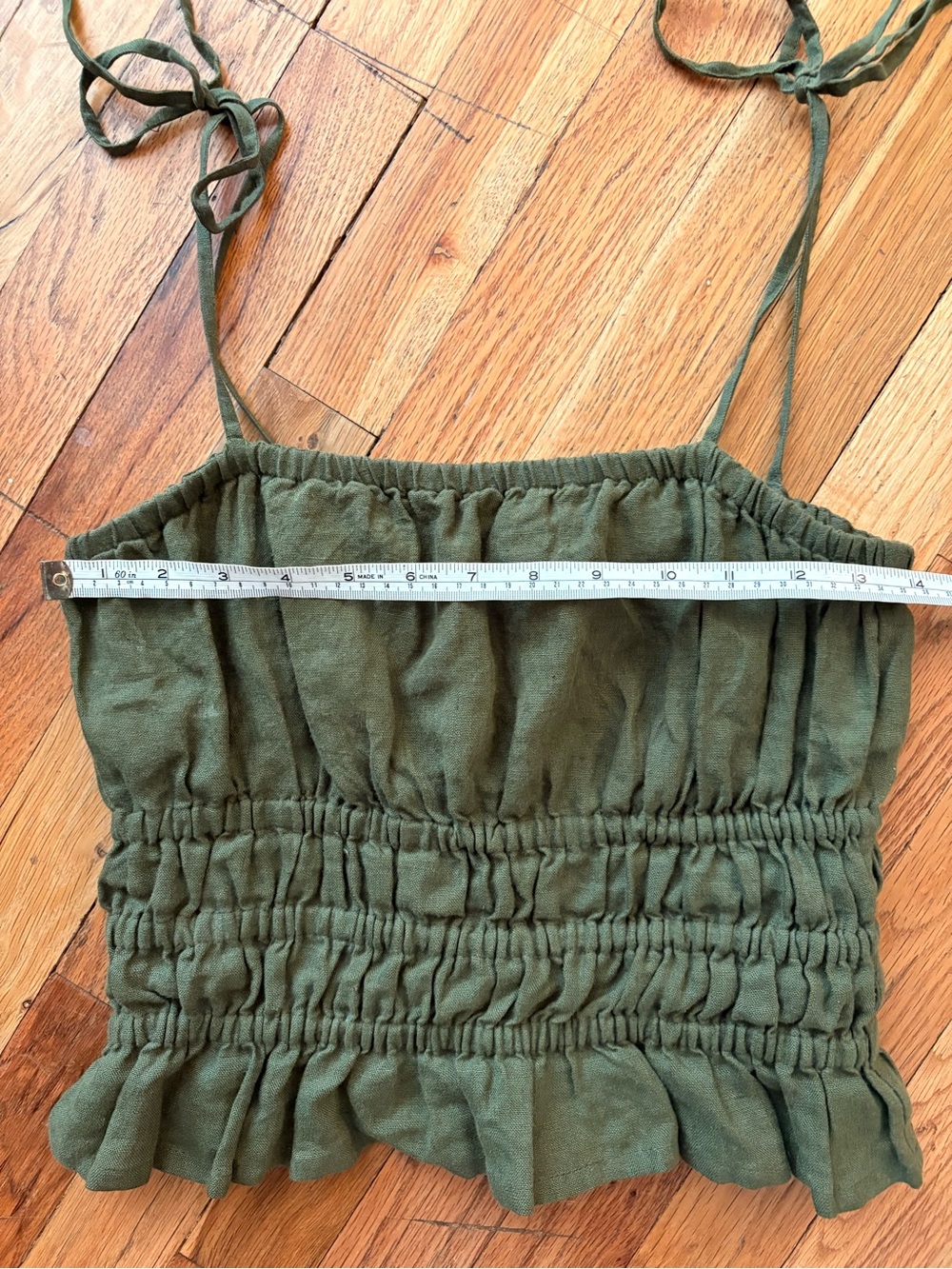 100% Linen Forest Green Smocked Ruffle Top
